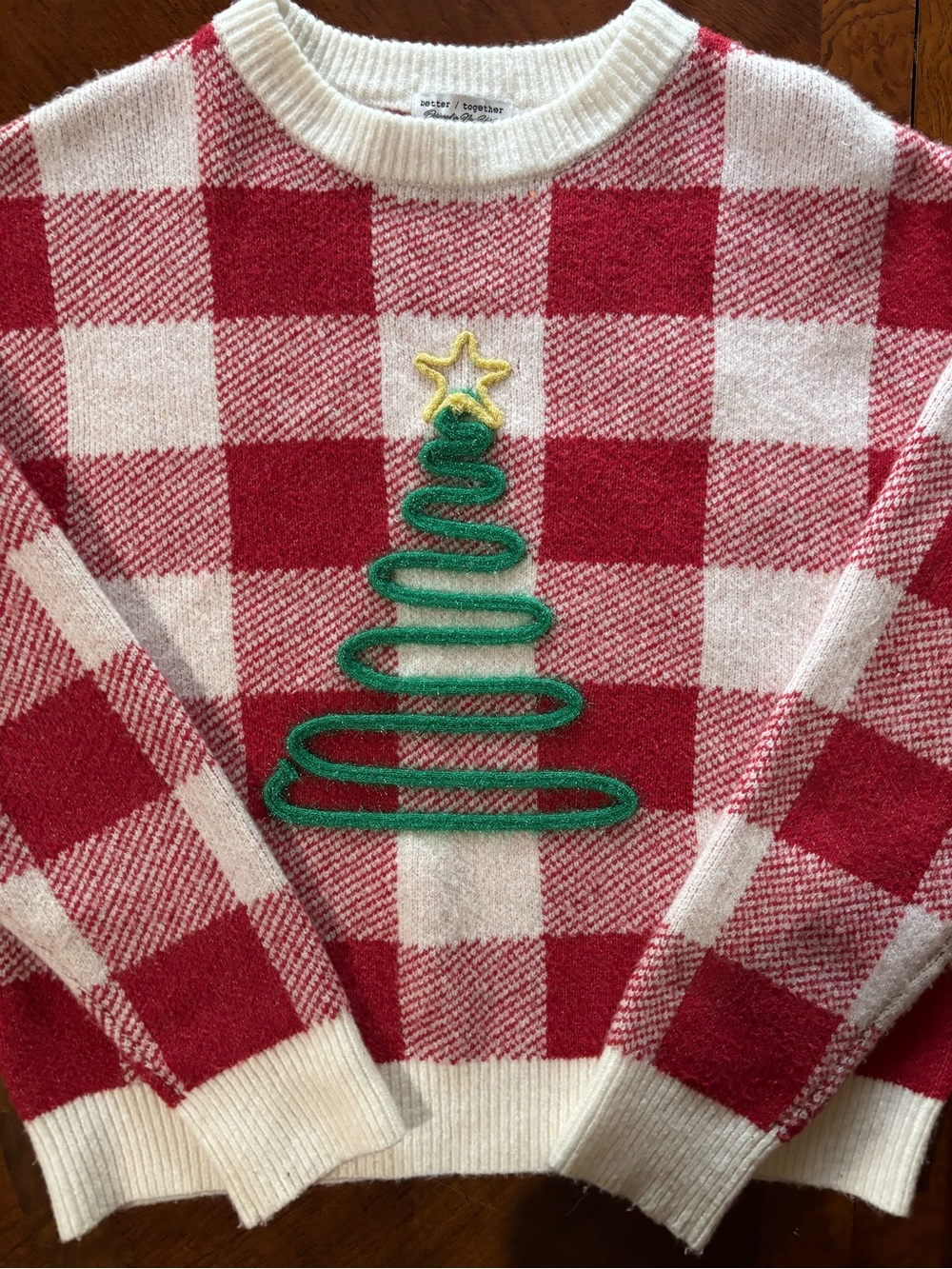 Plaid Holiday Crewneck Sweater with Tree Applique - Red & White